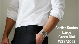 4K Cartier Santos de Cartier Green Dial Large Handson Review Wrist shots  Hafiz J Mehmood [upl. by Angy]