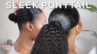 EASY Sleek Ponytail Tutorial On Natural Hair Using A Drawstring Ponytail  Junoda [upl. by Quin359]