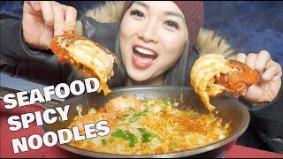 SEAFOOD SPICY NOODLES Lobster  Shrimp MUKBANG OUTSIDE LETS EAT  SASVlogs [upl. by Eteragram]