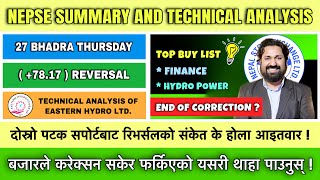 NEPSE 27 BHADRA  INDEX UP 7218  REVERSAL  EHPL  MARKET SUMMARY AND TECHNICAL ANALYSIS [upl. by Lukash]