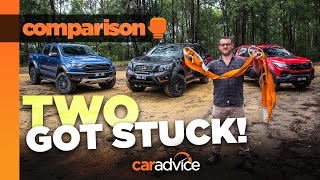 TWO GOT STUCK NTrek Warrior v Ranger Raptor v Colorado SportsCat 2020 Offroad ute comparison [upl. by Aivatahs]