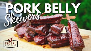 Smoked Pork Belly Skewers  How to Smoke Pork Belly Burnt End Skewers [upl. by Eyks490]