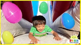 HUGE EGGS SURPRISE TOYS CHALLENGE for kids on inflatable slides [upl. by Irotal]