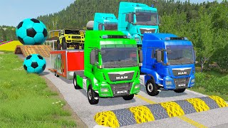 Double Flatbed Trailer Truck vs Speedbumps Train vs Cars  Tractor vs Train BeamngDrive 058 [upl. by Tartaglia]