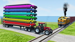 Double Flatbed Trailer Truck vs Speedbumps Train vs Cars  Tractor vs Train BeamngDrive 050 [upl. by Norvun]