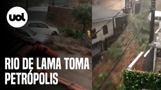 Chuva em Petrópolis vídeos mostram ruas tomadas por lama [upl. by Arsuy]