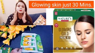 Natures Essence Glowing Gold Facial kit Review DemoSALON like glowing skin just 30 mins Facial [upl. by Adlemy]