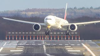 CROSSWIND LANDINGS DURING A STORM AT DÜSSELDORF  AIRBUS A380 GO AROUND B767 B777 4k [upl. by Aimac346]