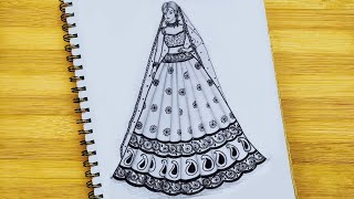 How to Draw a Bride in Lehenga ll Mandala art for Traditional Bride ll Girl Drawing [upl. by Almat]