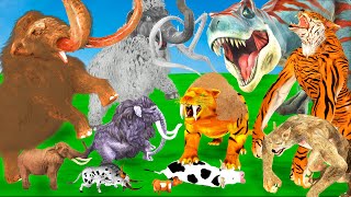 Woolly Mammoth Vs Saber Tooth Tiger Wolf Attack Cow Buffalo Bulls Saved by Mammoth Mastodon VS TRex [upl. by Turnheim29]