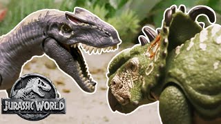 Dino Battles Allosaurus Vs Pachyrhinosaurus  Jurassic World  Mattel Action [upl. by Annai]