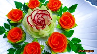 Attractive Garnish of Radish amp Carrot Rose Flowers with Onion amp Cilantro Designs [upl. by Drehcir]