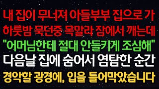 실화사연집이 무너져 아들부부 집으로 가 하룻밤 묵던중 목말라 잠에서 깨는데 quot어머님한테 절대 안들키게 조심해quot 다음날 집에 숨어서 염탐한 순간 경악할 광경에 입을 틀어막았습니다 [upl. by Gretna]