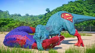 SpiderMan Indominus Rex vs Venom Carnotaurus Superman TREX Dinosaur Fight Jurassic World [upl. by Assenej]