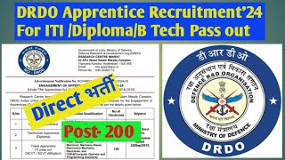 DRDO Apprenticeship Recruitment 2024  For BTech Diploma Engineering ITI Pass out [upl. by Amekahs72]