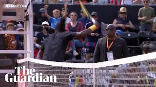 Ymer disqualified from Lyon Open after smashing hole in umpires chair [upl. by Ingles]