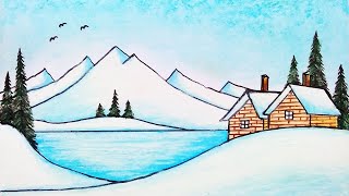 How to Draw Beautiful Winter Season  Easy Scenery Drawing [upl. by Hanimay474]