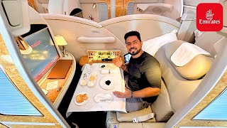 The Complete EMIRATES A380 FIRST CLASS Experience with LUXURY DINING [upl. by Milford461]