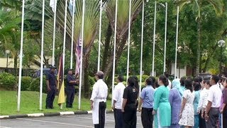 Malaysia  BorneoSarawak  Hotel quotDamai Beach Rquot  Flag Raising Ceremony [upl. by Wieren502]