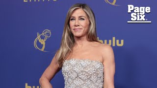 Jennifer Aniston stuns in sparkling strapless gown on 2024 Emmys red carpet [upl. by Inalawi]