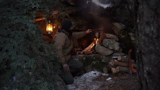 Winter bushcraft Overnight in a bunker high on the mountains Snow minus 8 degrees during the night [upl. by Otreblasiul]