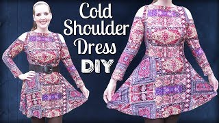 How to Make a Cold Shoulder Dress  Stretch Fabric Skater Dress Sewing Tutorial [upl. by Proudman653]