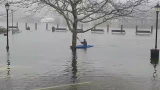 Crazy flooding in downtown Mystic Kayaking right across the park [upl. by Eadwina]