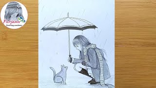 A girl with a cat in rainy day  Pencil Drawing  How to draw a girl with umbrella [upl. by Dermott438]