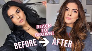 BLACK TO BROWN HAIR COLOR AT HOME DIY BALAYAGE HIGHLIGHTS NO DAMAGE WITH BLEACH [upl. by Enelyw]