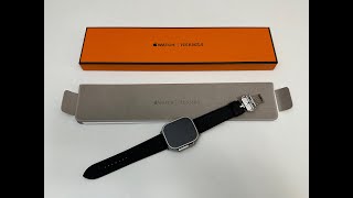 Apple Watch Hermès  45mm Noir Swift Leather Single Tour Deployment Buckle Unboxing [upl. by Enneirb]