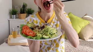 ASMR Whisper Eating Sounds  Zucchini Pasta Fried Mushroom Salad amp Apple Juice [upl. by Gunnar]