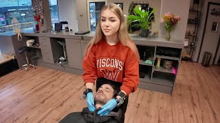 💈Blondie Lady Barber Gives Perfect Beard Trim The Netherlands 🇳🇱 [upl. by Helms]