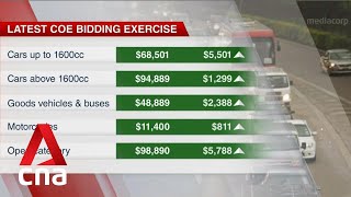 COE prices continue to rise surpassing 9year high for larger cars in March 9 bidding exercise [upl. by Droc]