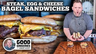 Steak Eggs and Cheese Bagel Breakfast Sandwiches  Blackstone Griddle [upl. by Tanney982]