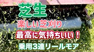 ［芝生］乗用芝刈り機3連リールモアで刈り込みをする。楽しい。最高に気持ち良い。刈り込みしたいのが芝生育成の理由。仕事と考えない。刈り込みは趣味。楽しく刈り込みライフ。芝生 芝刈り機 [upl. by Harms]