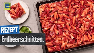 Leckere Erdbeerschnitten  Erdbeerkuchen mit Biskuitboden vom Blech [upl. by Mccandless503]