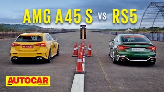 Drag Race MercedesAMG A45 S vs Audi RS5 Sportback  Most powerful 4 cyl vs V6 I Autocar India [upl. by Aeriell]