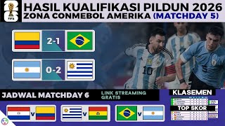 Hasil Kualifikasi Piala Dunia 2026 Conmebol MD 5 Argentina vs Uruguay 02 Kolombia vs Brasil 21 [upl. by Chantal957]