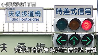 【小山市扶桑1丁目】矢印灯器付き時差式信号と標識 扶桑歩道橋 [upl. by Kasper]