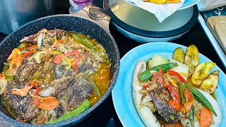 DINNER BROWN STEW SNAPPER WITH OKRA AND PLANTAIN [upl. by Nirrad212]