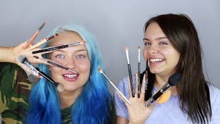 doing our makeup with brushes taped to our fingers ft Alycia Marie [upl. by Dunham]