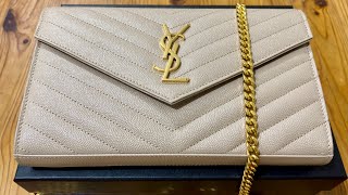 YSL Classic CASSANDRE Chain Wallet in Grain de POUDRE Leather 2024  Dark Beige Unboxing [upl. by Shauna]