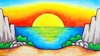 Cara Menggambar Matahari Terbenam di Laut  How To Draw Easy Sunset Scenery For Beginners [upl. by Ransome875]