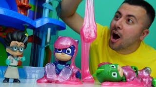 Slime video PJ Masks yapışkan tuzağa düştü Çocuklar için laboratuvar oyunları [upl. by Maitland]