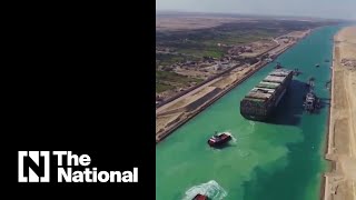 Drone footage captures efforts to free Ever Given in Suez Canal [upl. by Nedla463]