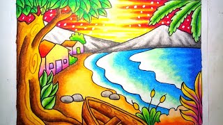 Mewarnai gradasi dengan crayon  Oilpastel  Pemandangan indah pantai  Drawing Beach Scenery [upl. by Irianat]