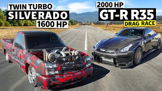 Crawfish the 1600hp Twin Turbo Silverado RETURNS to battle 2000hp Carbon Fiber Nissan GTR R35 [upl. by Danika]