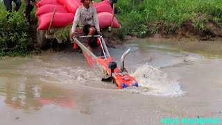 Incredible Power Tiller Kubota RT140 Loading Rice Sink In Deep Water Canal Tractor Water Bogging [upl. by Nus]