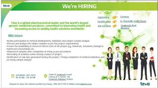 Freshers BPharm MSc MPharm Walkin For RampD Intern AT Teva Pharmaceuticals bpharm mpharm msc [upl. by Edmanda]