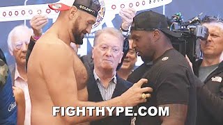 TYSON FURY amp DILLIAN WHYTE PUT HANDS ON EACH OTHER FOR A SQUEEZE FRIENDLY BANTER AT FINAL FACE OFF [upl. by Nyladnohr]